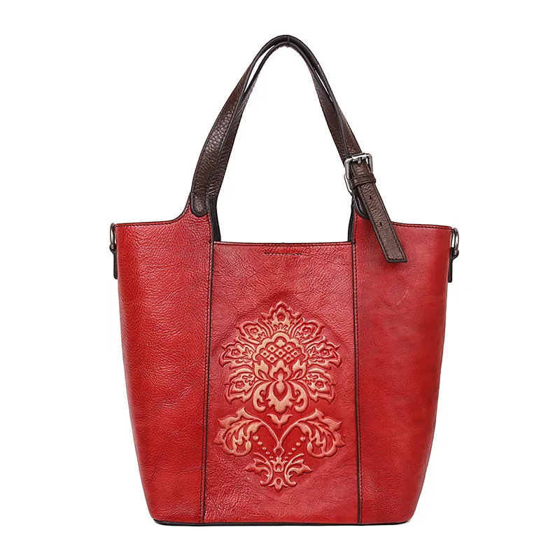 

Retro new leather large capacity women's bag hand painted embossed straddle single shoulder leather handbag shopping bag