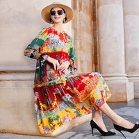 2021 new spring summer women o neck printed floral dress fashion long sleeved loose silk dresses ladies plus size sundress