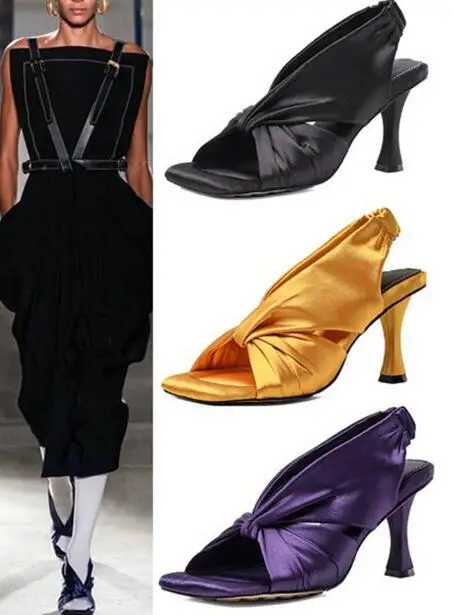 

Босоножки женские шелковые, черные, фиолетовые, желтые, с открытым носком, на высоком каблуке 8 см, с ремешком сзади, большие размеры, для лета