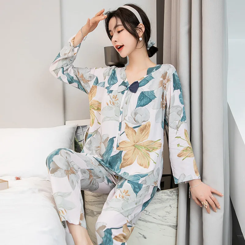 Long Sleeve Womens Sleepwear Female Spring and Autumn Thin Rayon Cotton Silk Tracksuit Japanese style GIRLS Bourette Suitable