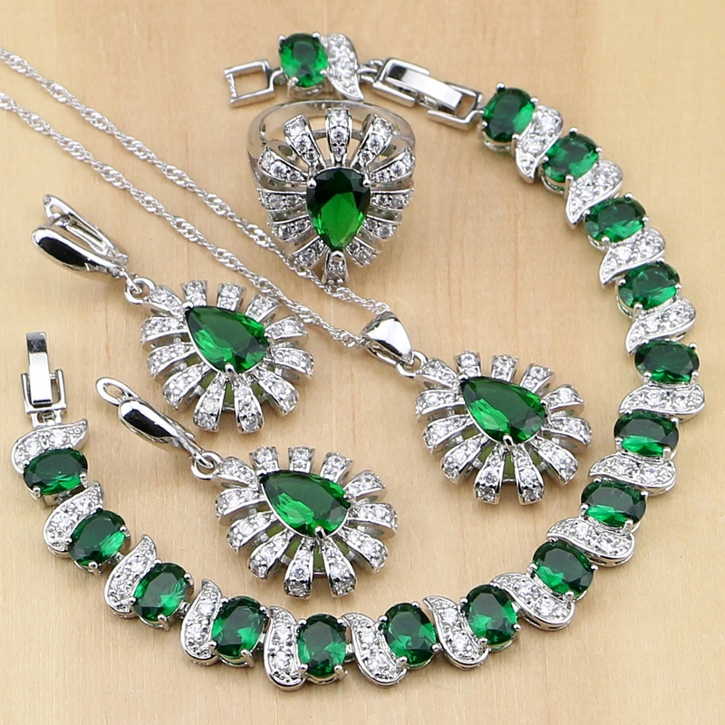 

925 Silver Jewelry Green Cubic Zirconia White Crystal Jewelry Sets For Women Earrings/Pendant/Necklace/Rings/Bracelet