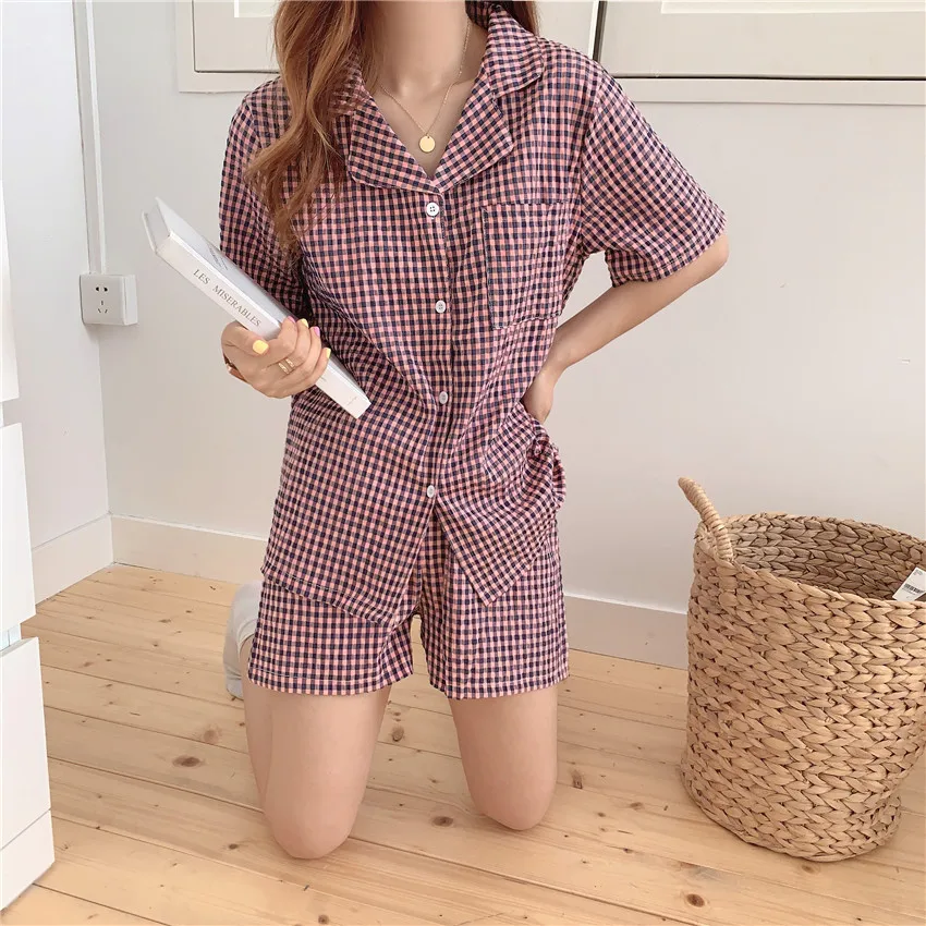 

CBAFU women summer plaid pajamas set casual thin new short sleeve top shorts 2 piece set pyjama suit homewear loungewear M655