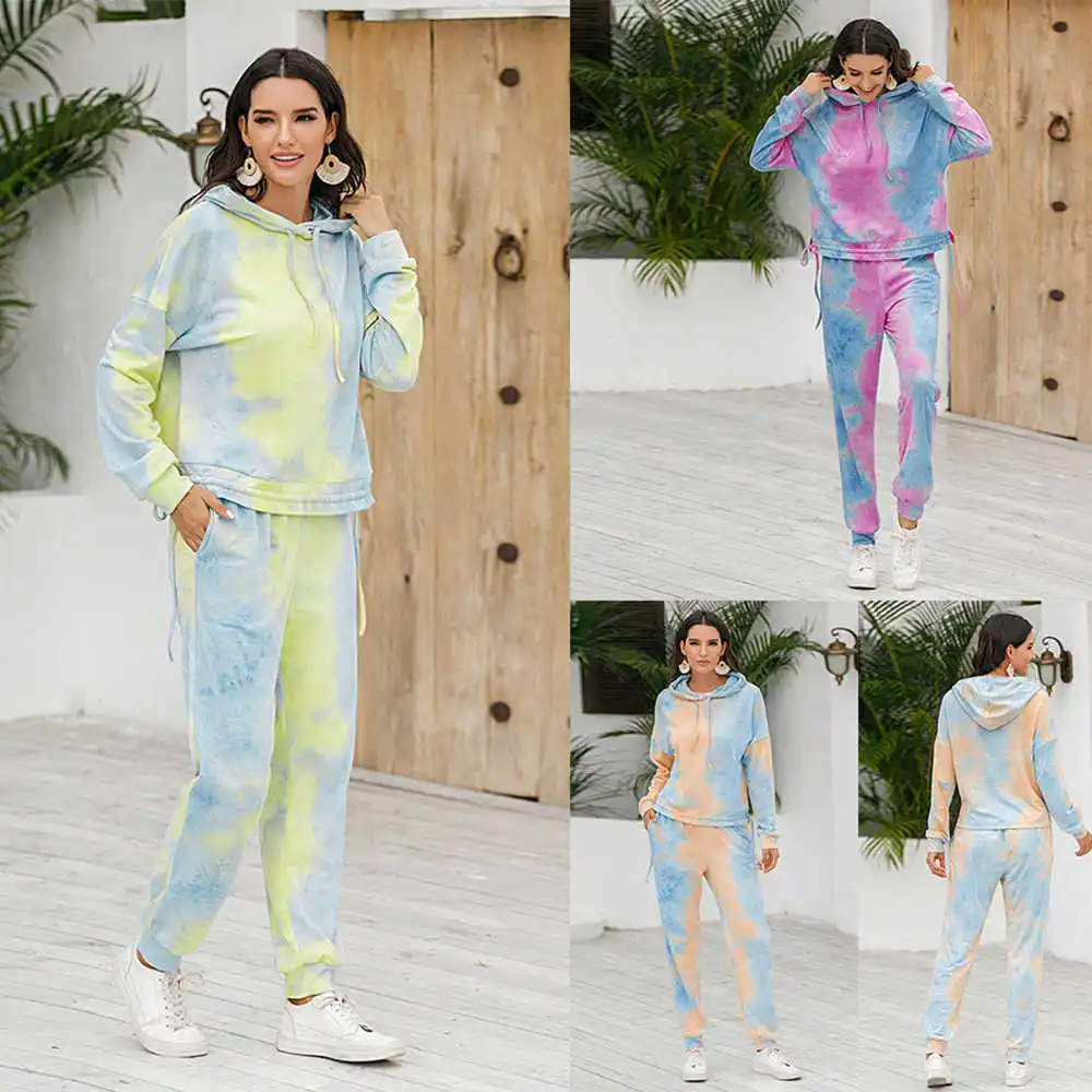 

Tie Dye Tracksuit Lounge Wear Two Piece Set Women 2020 Autumn Casual Loose Drawstring Hooded Sweatshirt And Pants Pajamas Outfit