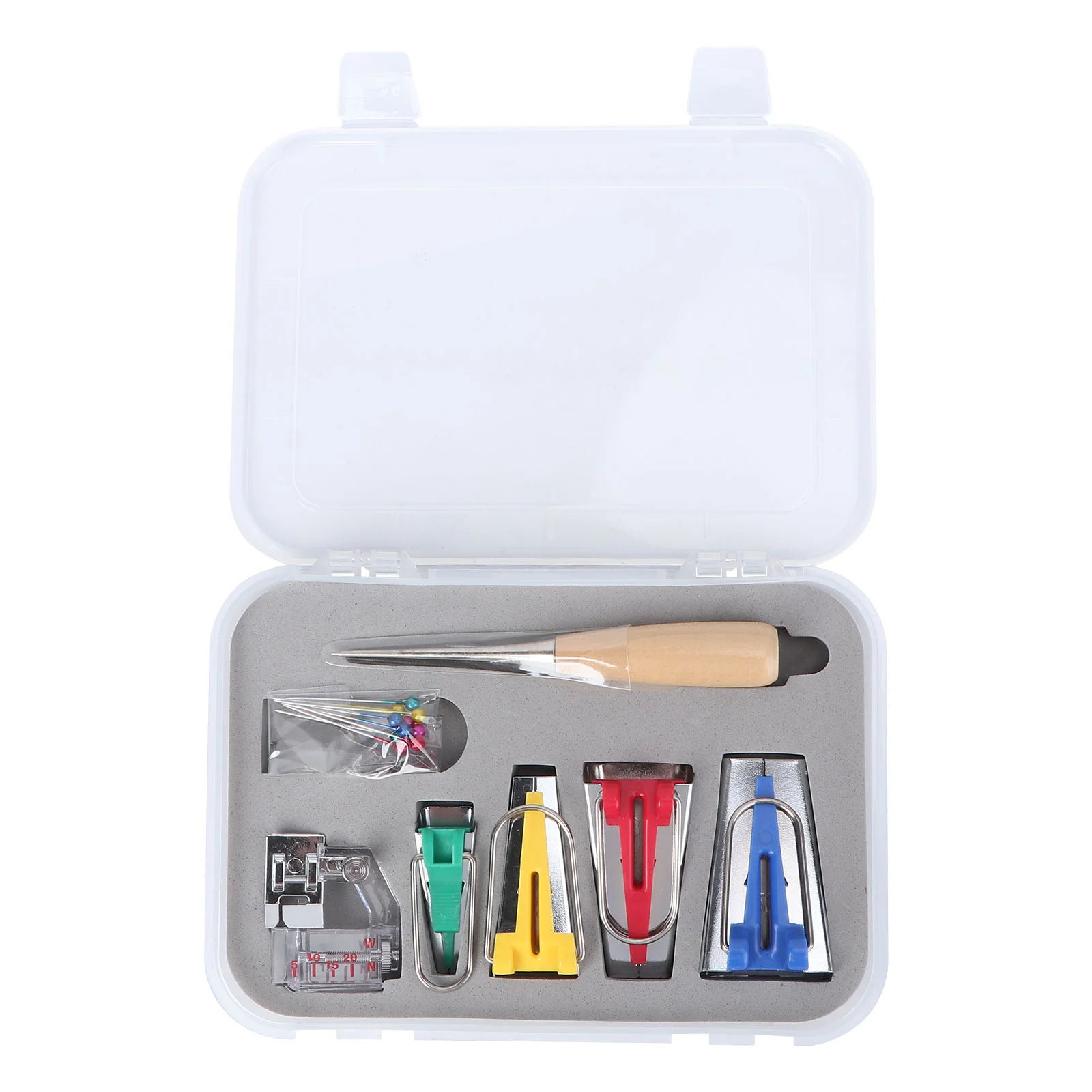 

Box of Binding Snap on Foot Bias Tape Maker Awl Pin Set Quilting Sewing