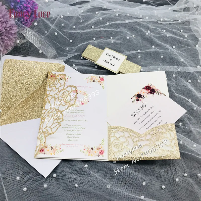 50 шт. новый набор свадебных приглашений с блестками в виде Розы конверты складные