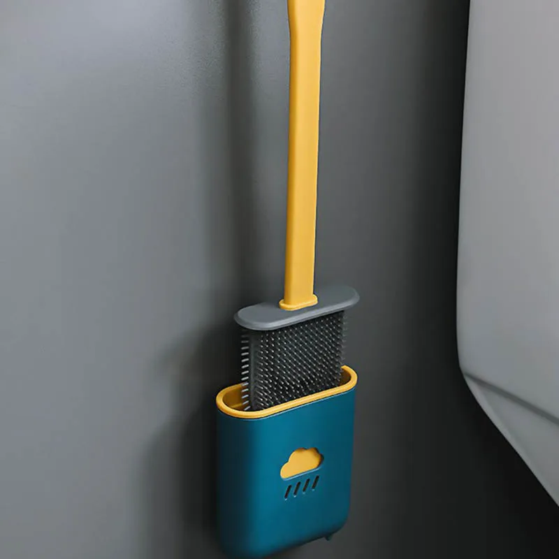 

Wall-Mounted Toilet Brush With Base Silicone Wc Accessories Flat Head Flexible Soft Bristles Brush With Quick Drying Holder Set