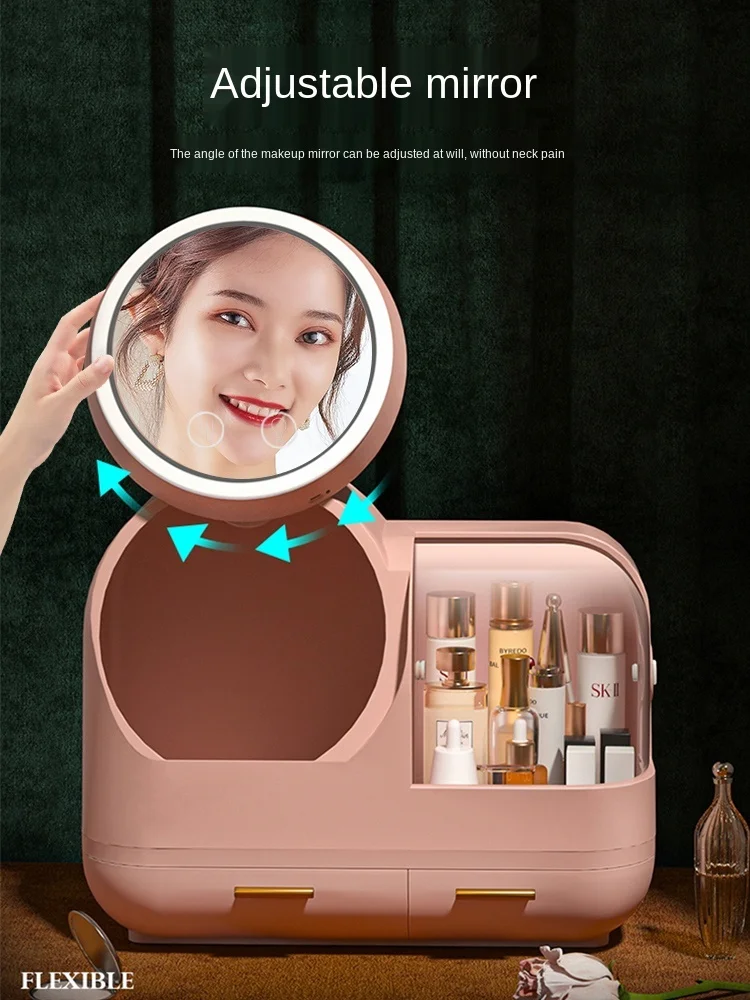 

Internet Celebrity Makeup Storage Box with Mirror Integrated Desktop Dresser Dustproof Large Capacity Lipstick Storage Rack