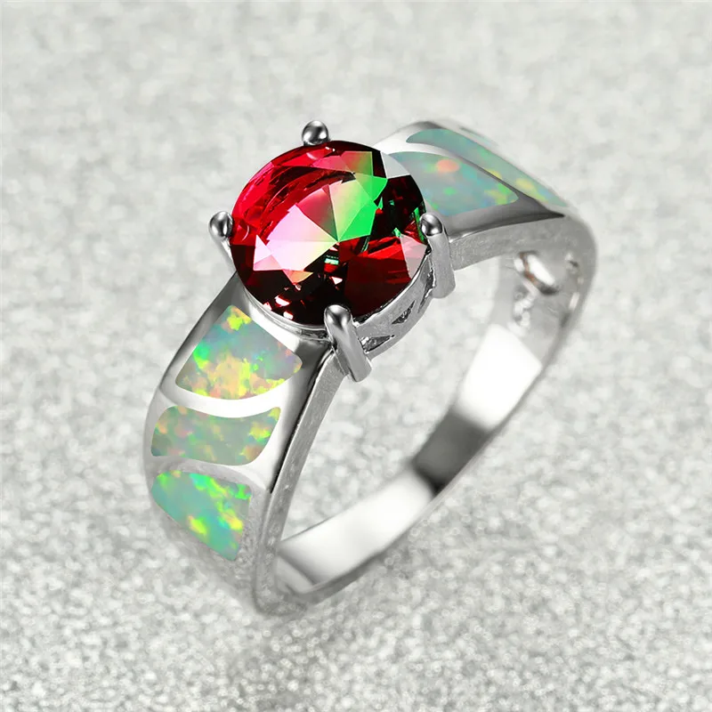 

Charm Female Rainbow Round Crystal Ring Classic Zircon Silver Color Engagement Ring Vintage White Blue Opal Big Rings For Women