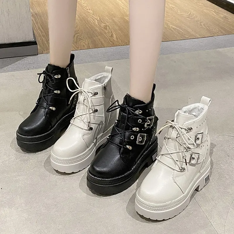 

Chunky Platform Women's Ankle Boots 2020 Winter Punk Style Metal Buckle High Heels Boots Woman Wedges Warm Fur Motorcycle Boots