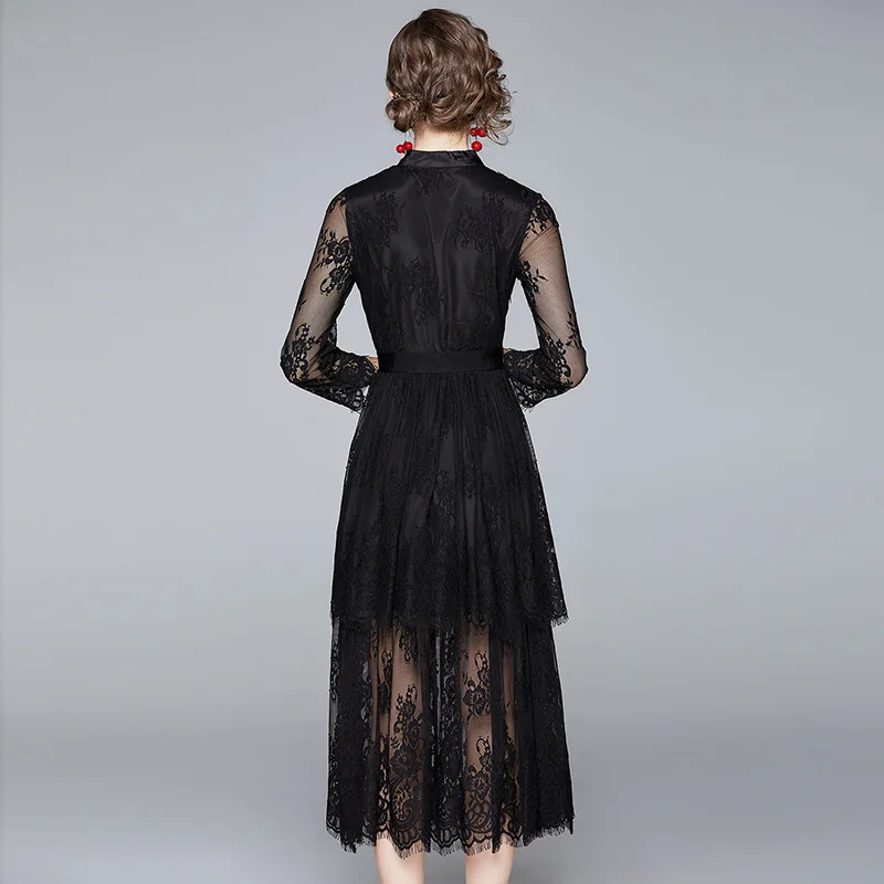 

Spring and Autumn New Elegant Lace Dress Black Long Sleeves Evening Dresses Vestido Feminino