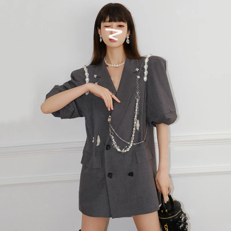 

SuperAen Diamond Waist Pearl Chain Short Sleeve Suit Summer French Loose Thin Bead Blazer Women