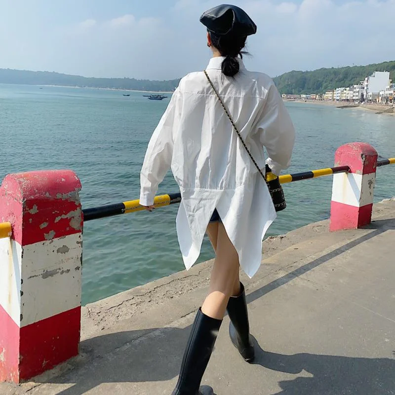 

LANMREM Women White Big Size Split Single Breasted Blouse New Lapel Long Sleeve Shirt Fashion Tide Spring Autumn 2021 2F0111