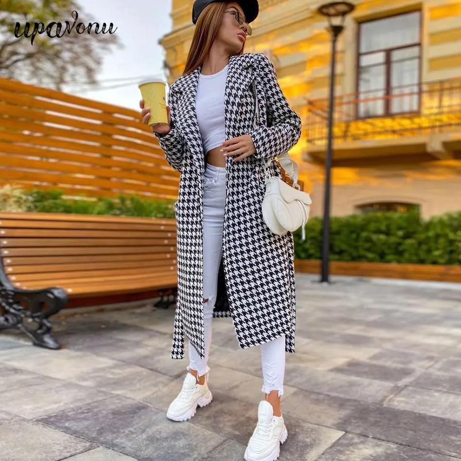 

Free Shipping Elegant Houndstooth Coat Jacket Women's Lapel Long Sleeve Loose Belt Belted Coat Coat Autumn and Winter Long Coat