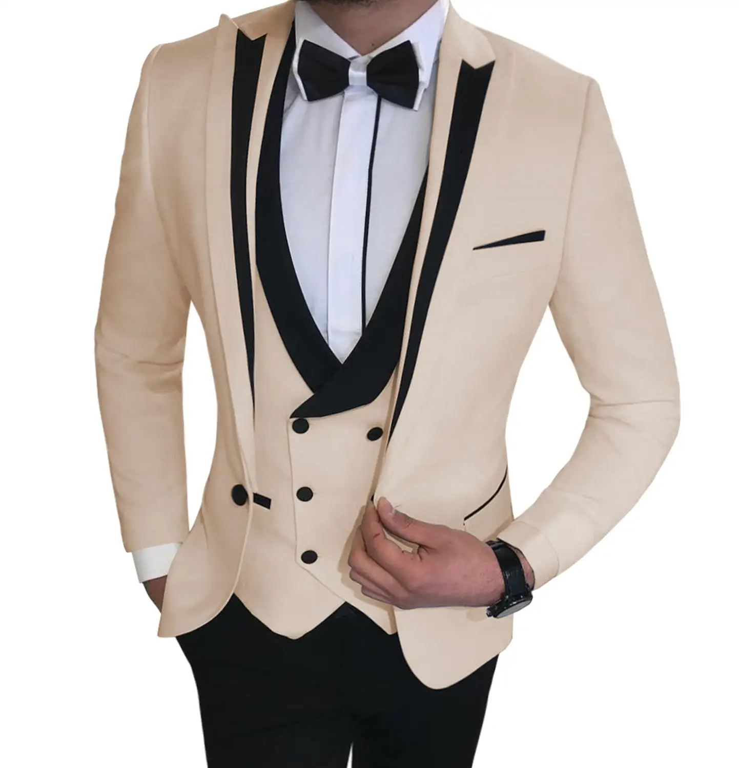 Suit Men 3 Pieces Slim Fit Business Casual Notched Lapel Groomsmen Beige/Black/Grey  Tuxedo for Wedding( Jacket + Vest + Pants )