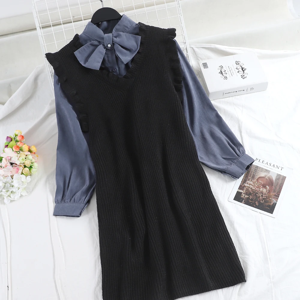 Осеннее Новое корейское трикотажное платье двойка с длинными рукавами и бантом