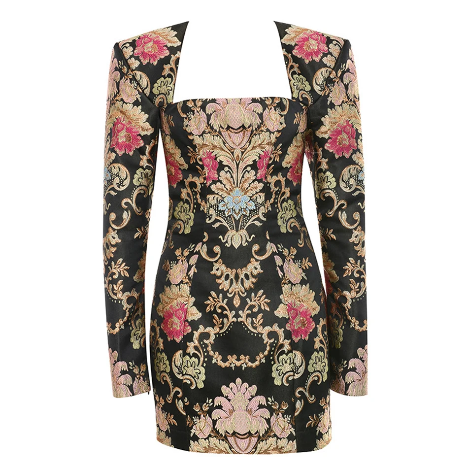 

2020 Spring Elegant Women's Luxury Square Collar Floral Long Sleeve Embroidered Sexy Bodycon Mini Dress Club Party Vestidos