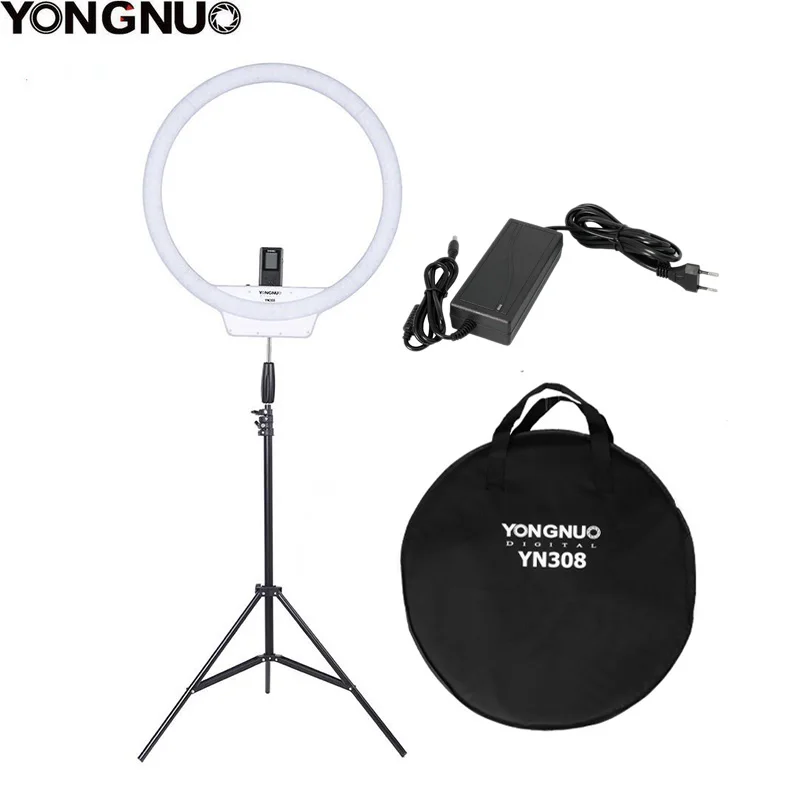 YN308 2m AC adapter Yongnuo YN308 селфи кольцевой светильник 5500K цветовой температуры светодиодный видео светильник беспроводной пульт CRI95 круговой+ источник питания - Цвет: YN308 2m AC adapter