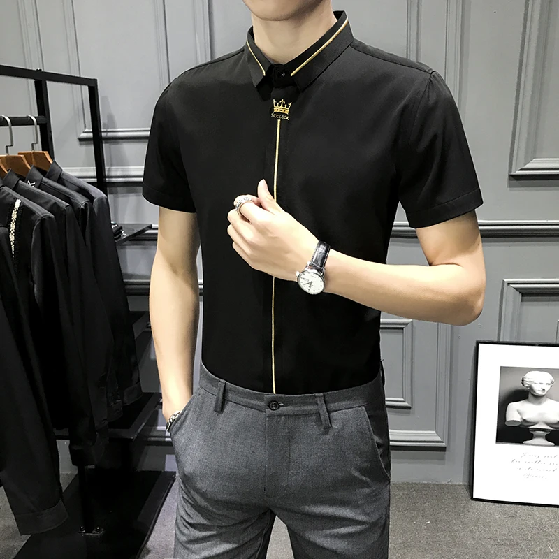 Мужская Облегающая рубашка с коротким рукавом черная/белая под смокинг