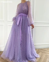 light purple evening dress long puff sleeves illusion tulle beading a line floor length o neck prom dress vestidos de fiesta