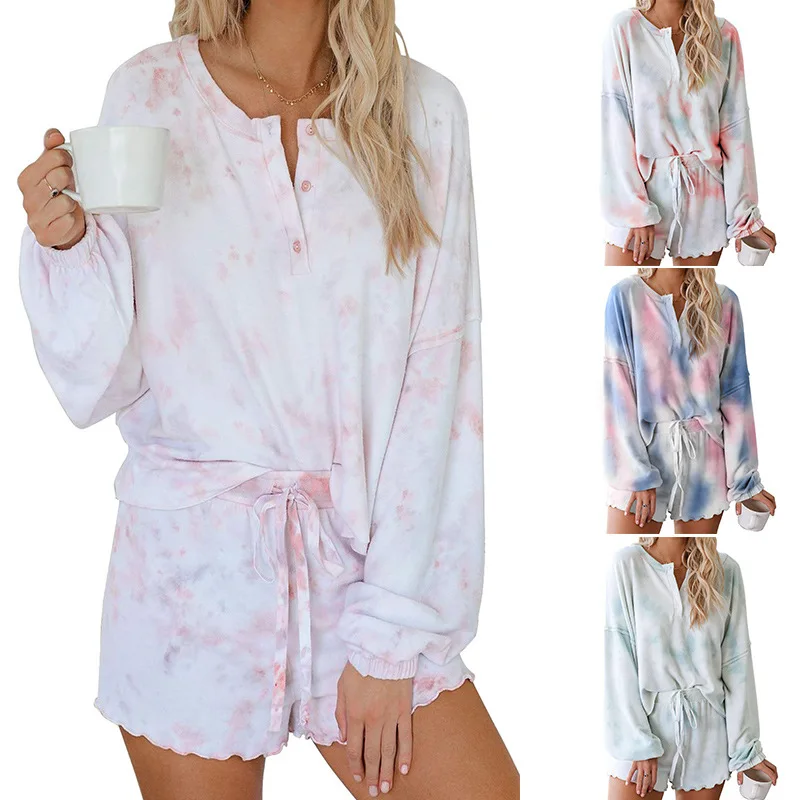 

2021 New Tie-Dye Homewear Long Sleeve Top and Shorts Pajamas 2 Piece Set Women Fashion Button Outfits Clothes Spring Summer