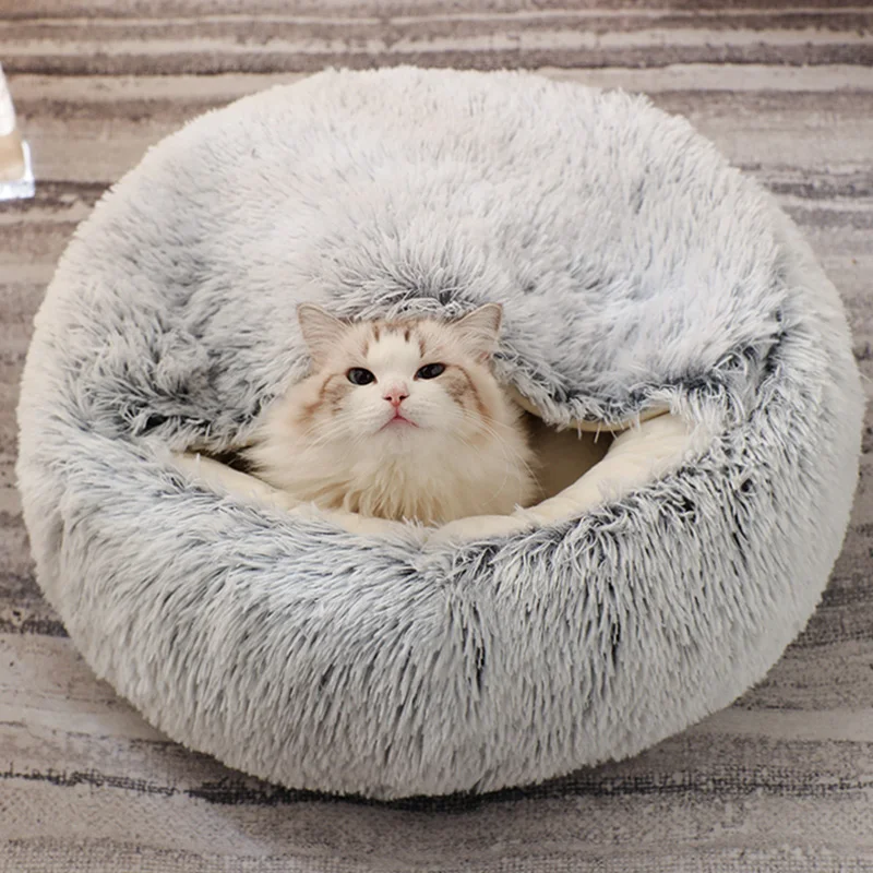 

Кровать для кошек, круглая Лежанка для кошек, щенков, длинная плюшевая кровать для домашних животных, теплая кровать для кошек 2 в 1, подушка д...