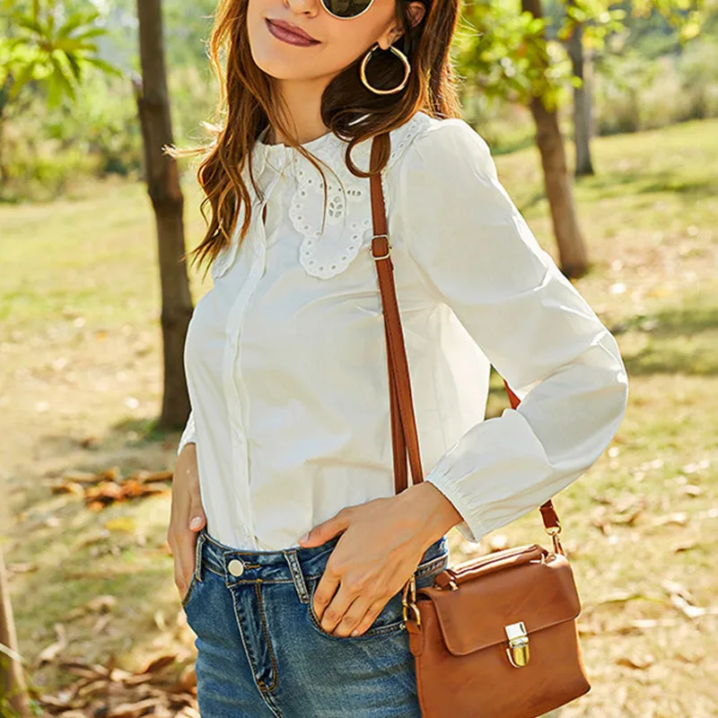 

Spring Cotton Lace Long Sleeve Women's Shirt Hollow Out White Single Breasted Casual Shirts Women 2021 Fashion Elegant Lady Tops