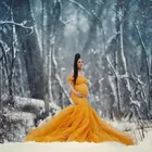 Новые Желтые платья для беременных с юбкой-годе с рукавами-крылышками фатиновые пышные женские платья больших размеров с шлейфом для беременных