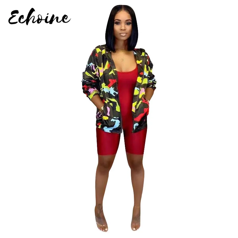 

Echoine Casual Camouflage Print Hooded Jacket Long Sleeve Front Zipper Loose Coats With Pockets Wind Proof Sportswear Outer wear