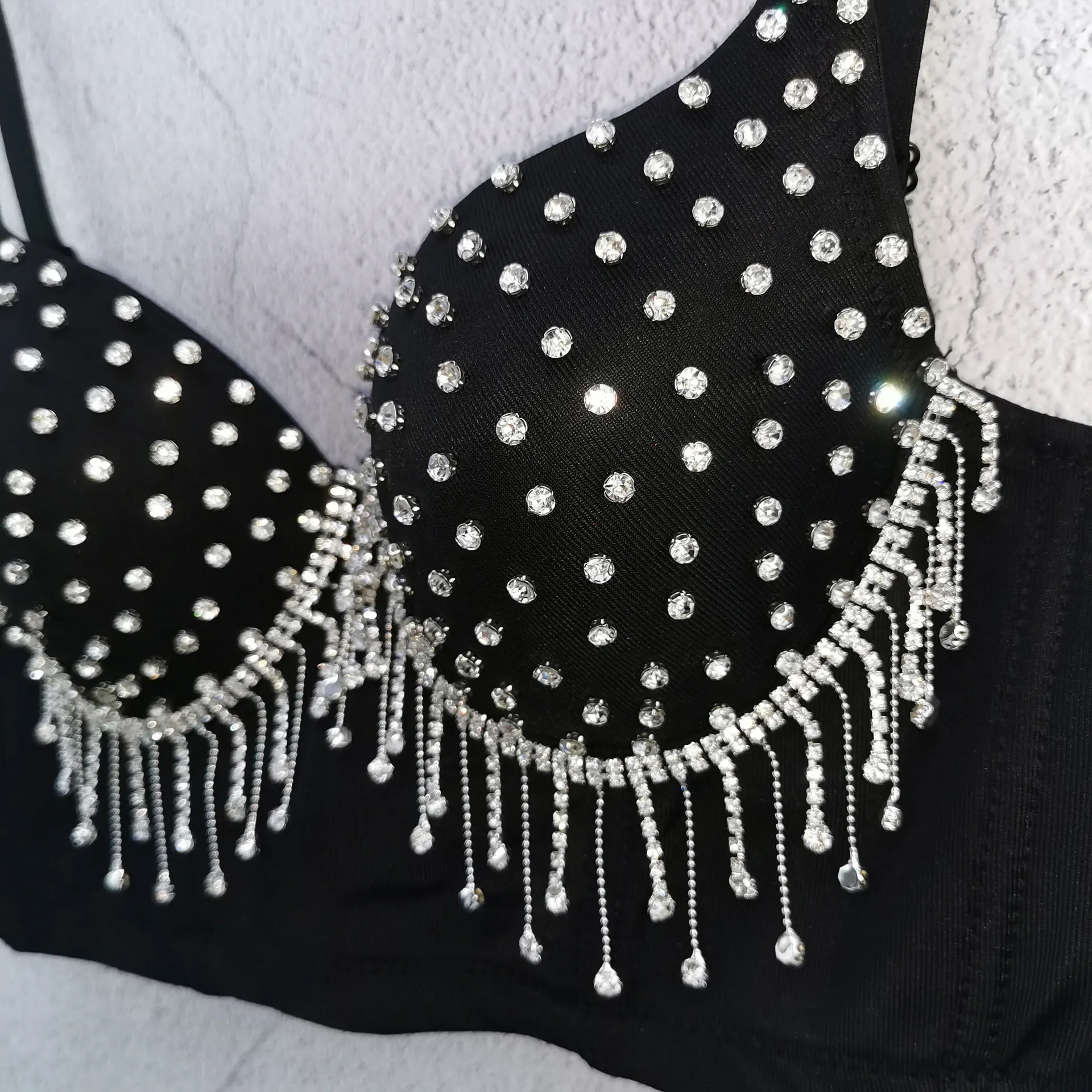 Fashion Women Camisole Top Diamond Crystal Tassels Solid Color Sexy Cropped Top Push Up Bustier Bra Night Club Party Tank Top