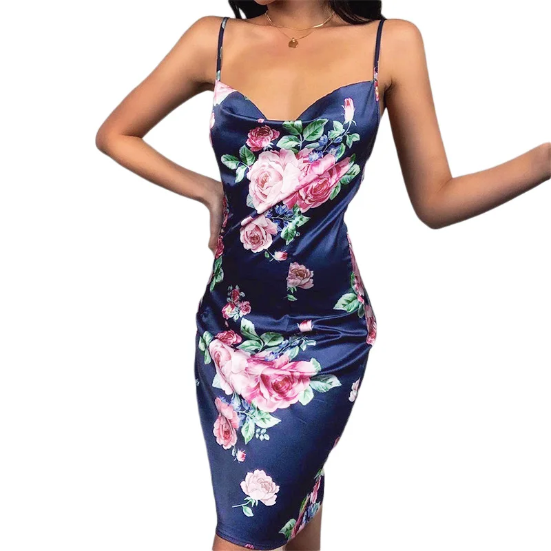Женское шелковое атласное платье с цветочным рисунком облегающее для сна