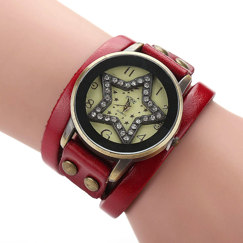 

Jessingshow Women'S Quartz Watch Simple Digital Dial Fashion Five Pointed Star Leather Strap Watch Casual Wear Clock Reloj Mujer