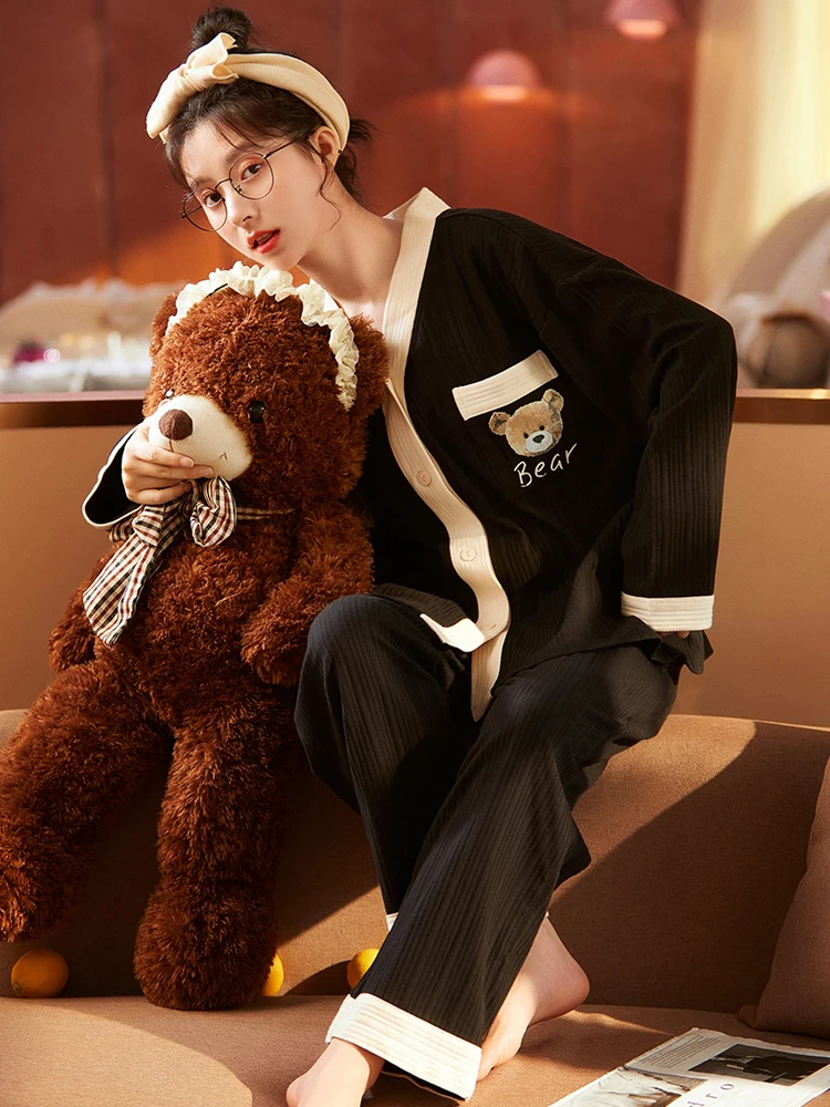 V Neck Pajamas Women Cute Bear Printing Design Pocket Purple 2 Pcs Sleepwear For Girls Comfortable Spring Nightie Black Fashion