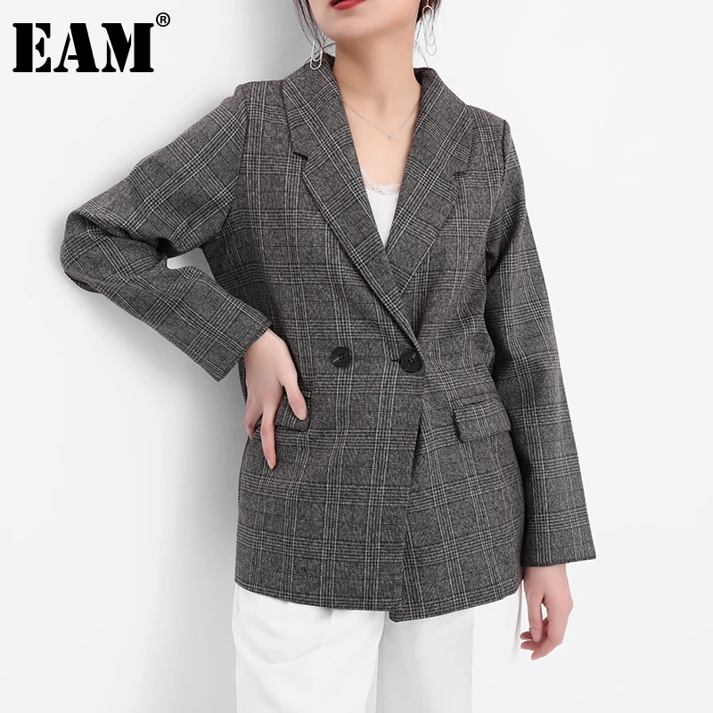 

[EAM] Женский коричневый клетчатый винтажный Повседневный Блейзер, новая свободная куртка с отворотом и длинным рукавом, весна-осень 2022, 1DE253916