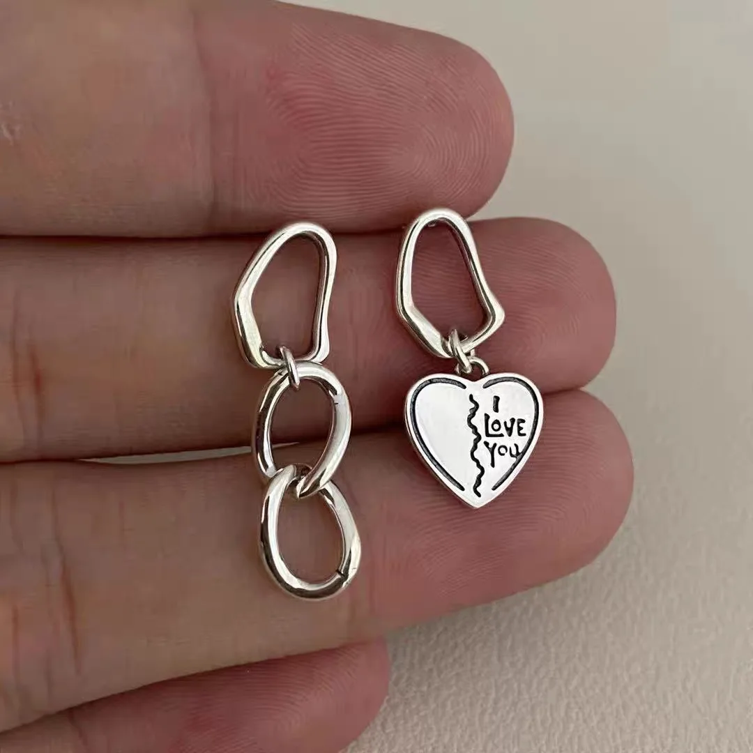 

S925 Sterling Silver Heart Unique Asymmetrical Cute Earrings for Women Korean Summer Design 2021 Fashion Wholesale