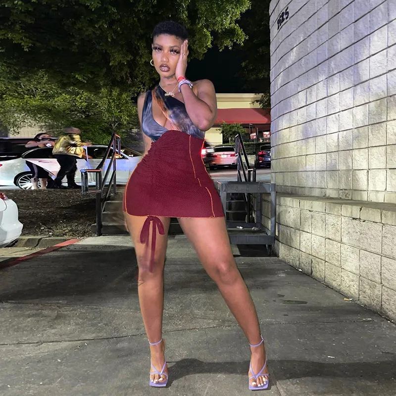 

Patchwork Print Drawstring Mini Dress Inclined Shoulder Wrap Chest Women Off Shoulder Shaped Waist Hipster Skirts Summer Club