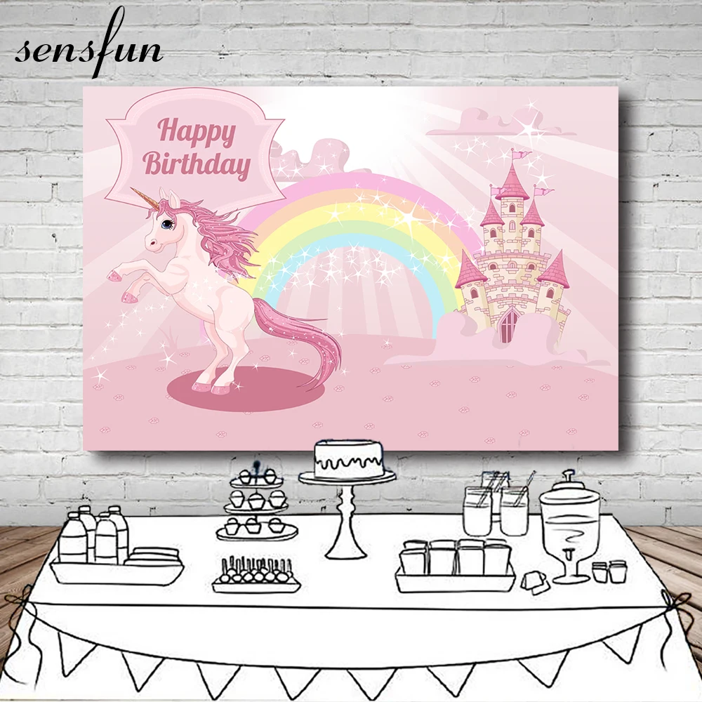 

Sensfun Pink Girls Unicorn Party Photography Backgrounds For Photo Studio Rainbow Castle Happy Birthday Backdrop 7x5ft Vinyl