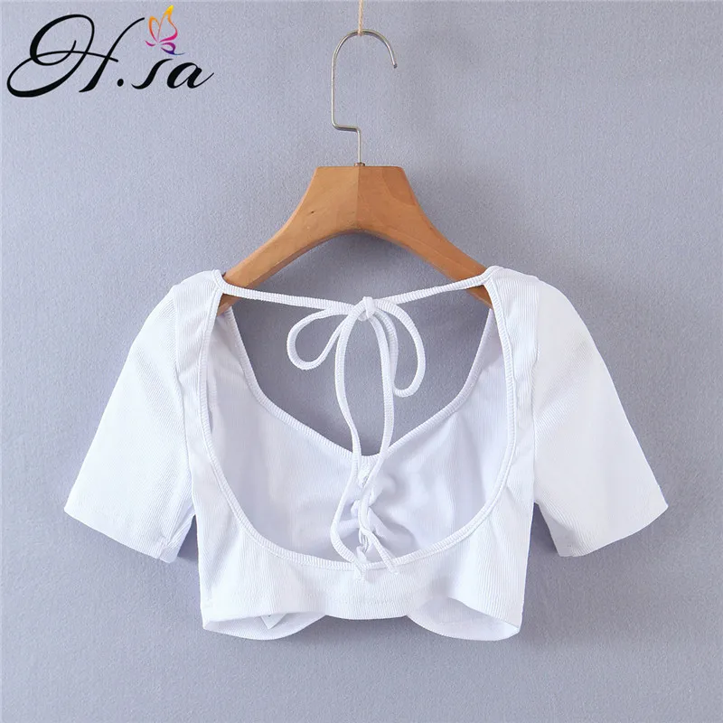 

Hsa Summer Clothing Sexy Cropped Tops Bandage Blouse Shirts Backless Short Sleeve Tight Short Tops Solid Summer Shirts
