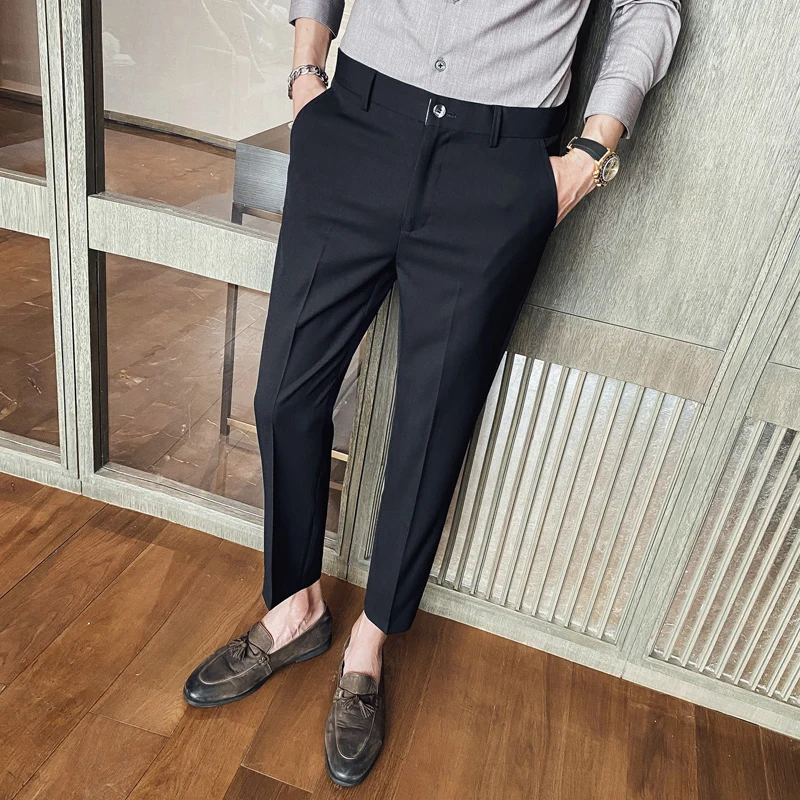 

2021 Summer Solid Color Suit Pants Men Vintage Slim Ankle Length Pant Business Casual Male Clothes Social Party Formal Pants