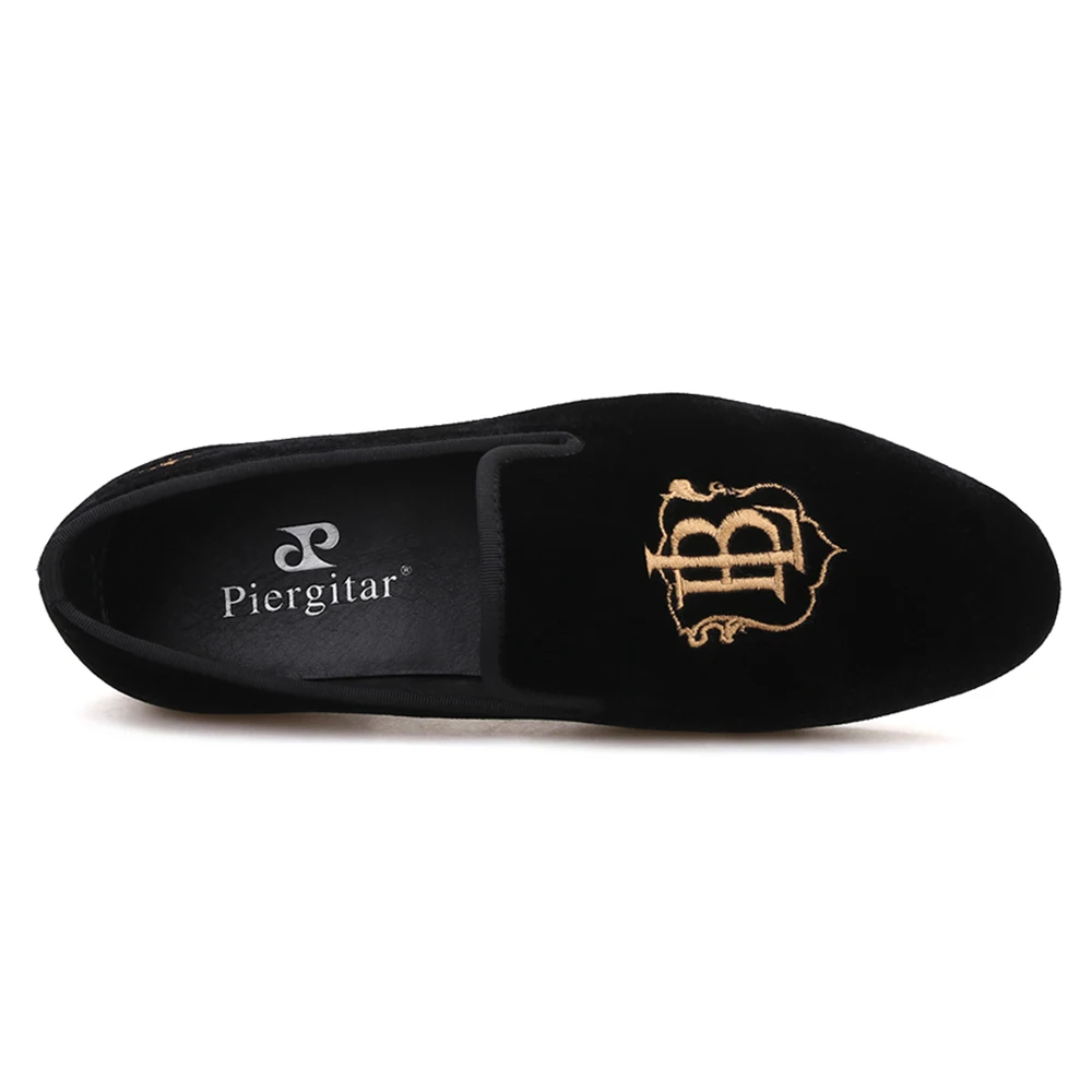Piergitar new style fashion men loafers with LB letters gold embroidery handmade velvet shoes party and wedding men's flat | Обувь