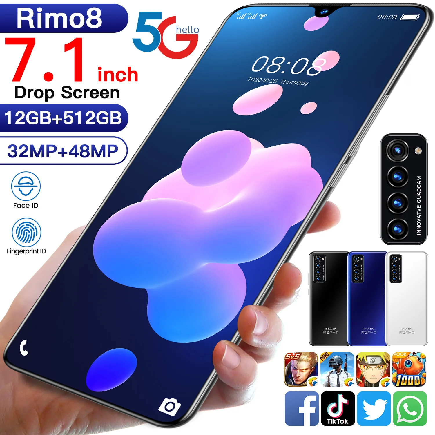 

Rimo8 Global 5G Smartphone 7.1HD Inch Projection Screen 5600 mAh Face Unlock 10 Core MTK688932 + 48MP Dual SIM 5G Network Phone