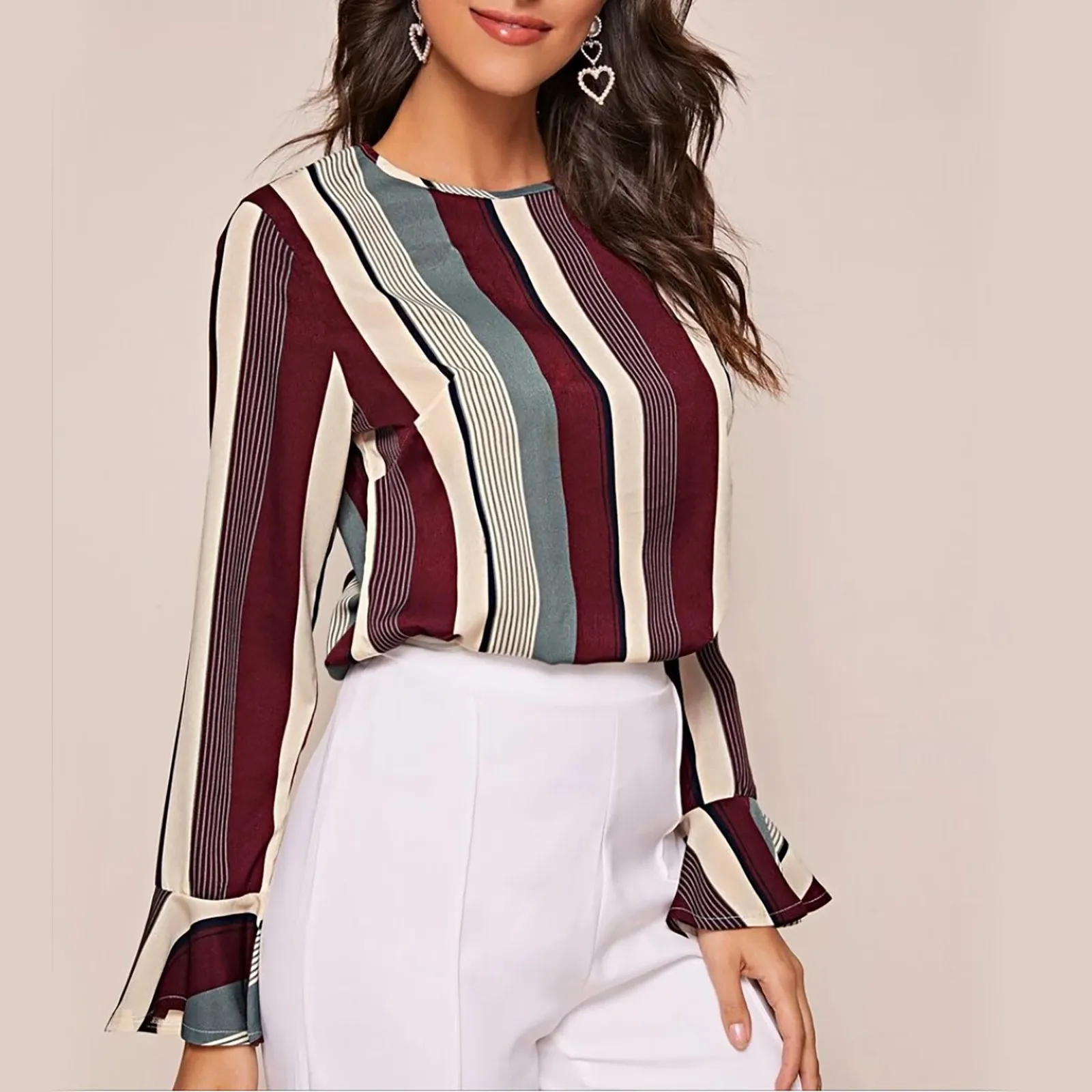

Shirt Silk Blouses Long-sleeve 2021 Women's Casual Striped Flare Sleeve Long Sleeve Chiffon Shirt Tops Blouse Женское Пла
