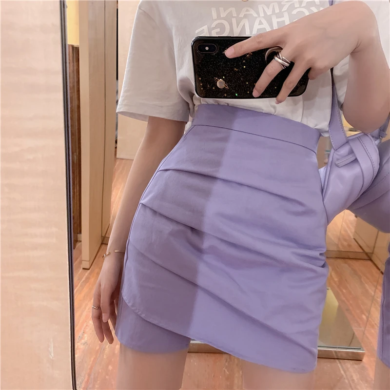 Pleated Bodycorn Pencil Skirts Women Purple High Waist Sexy Skinny Korean Summer Mini Skirt Zipper Short Vintage W918 | Женская одежда
