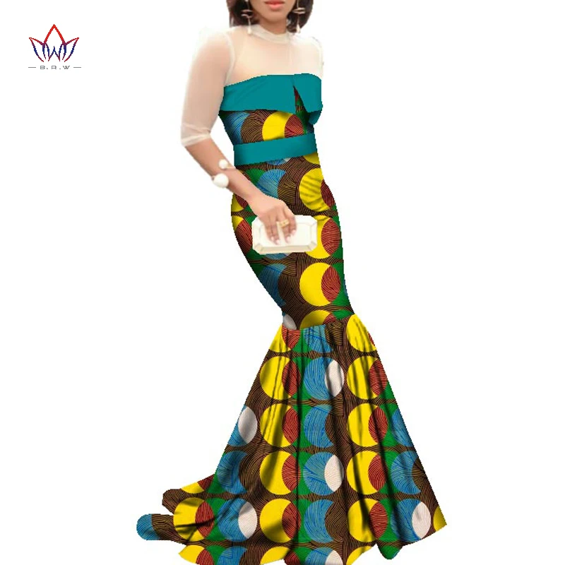 

2021 African Dresses for Women Dashiki African Print Clothing Half Sleeve Mermaid Dress Maxi Off Shoulder Dress BRW WY2318