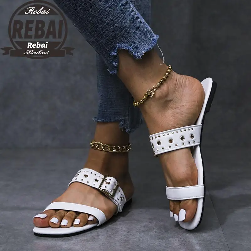 

Summer Women Retro Flat Slippers Pu Leather Adjustable Buckle Strap Rubber Sole Outdoor Beach Slides Casual Sandals Ladies Shoes