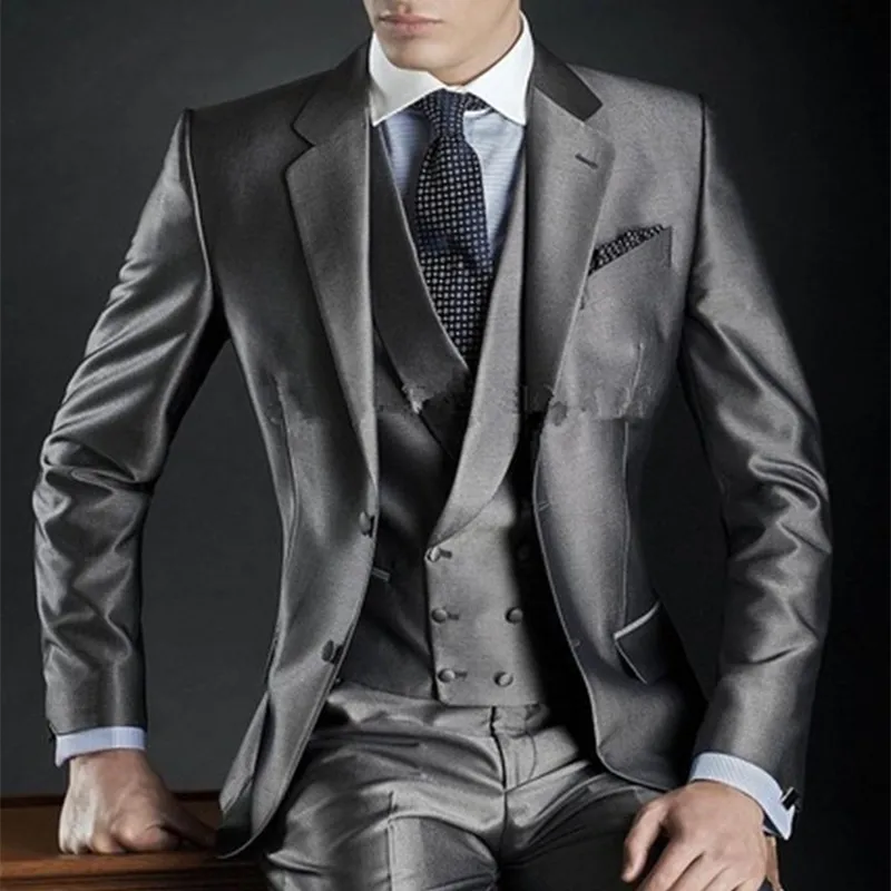 Son pantolon ceket tasarımları gri tek göğüslü saten erkek takım elbise 2019 İtalyan ceket özel damat Slim Fit smokin 3 parça erkek takım elbise