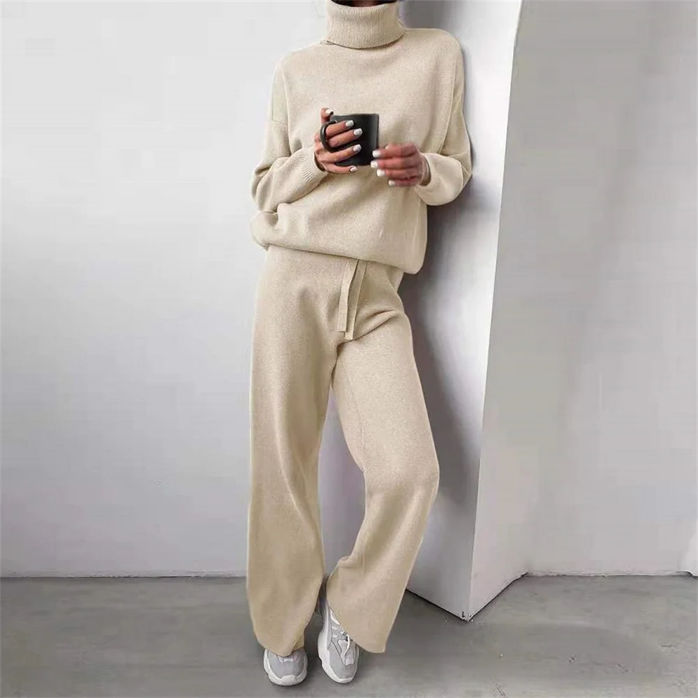 

Женский Повседневный модный костюм, осенне-зимний однотонный вязаный свитер с высоким воротником и широкие брюки, теплый Трикотажный костю...