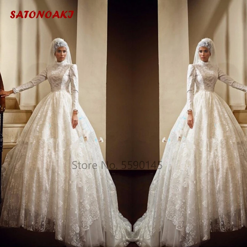 

Vestido De Novia 2022 Luxury Muslim Ball Gown Wedding Dress Long Sleeve Lace Appliques High Neck Princesa Bridal Robe Mariée
