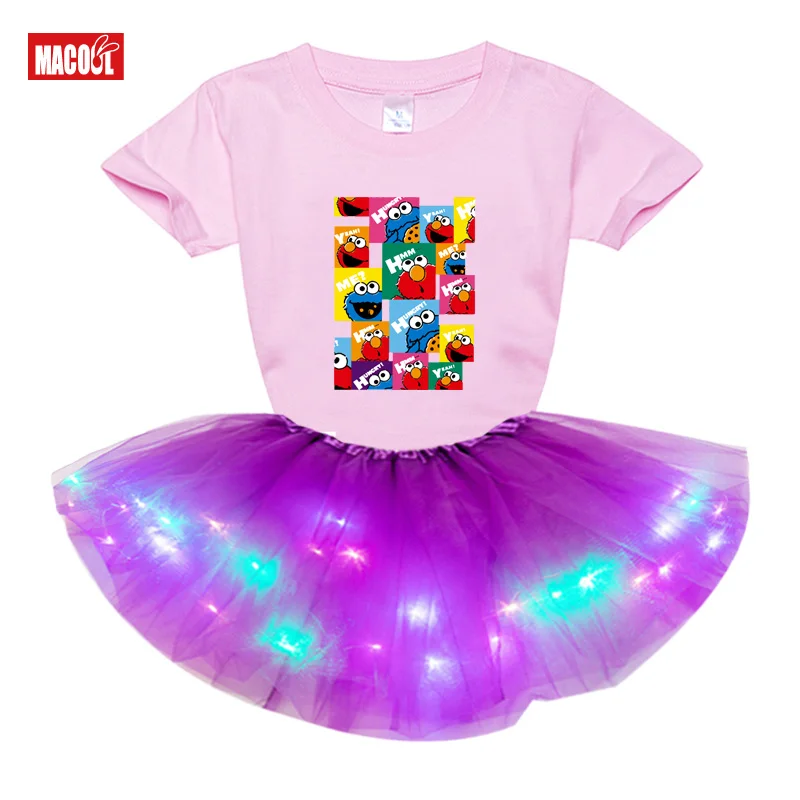 Girls Dress Clothing Sets Fashion Light LED Tutu Dress+t Shirt 2 Pcs Set 2020 Summer Girl T Shirts Rainbow Tutu Dress T Shirt