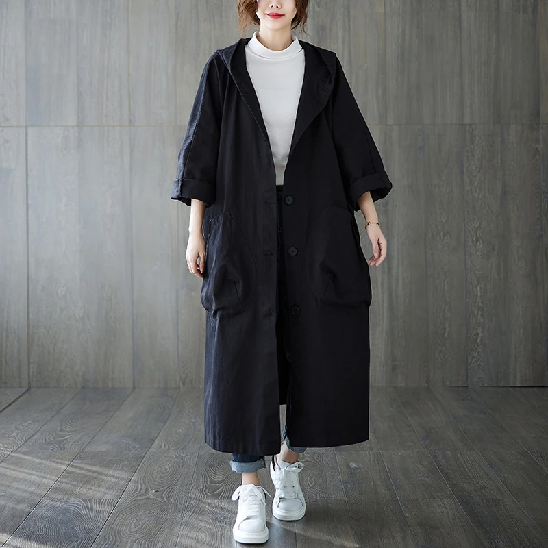 

Autumn Spring Plus Size Women Long Jacket Outwear Hooded Black Casual Cotton Pockets Cardigan Loose Oversize Female Overcoat