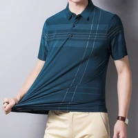 mens casual short sleeve polo shirt business new loose shirt stripe print crease resistant breathable lapel t shirt for men